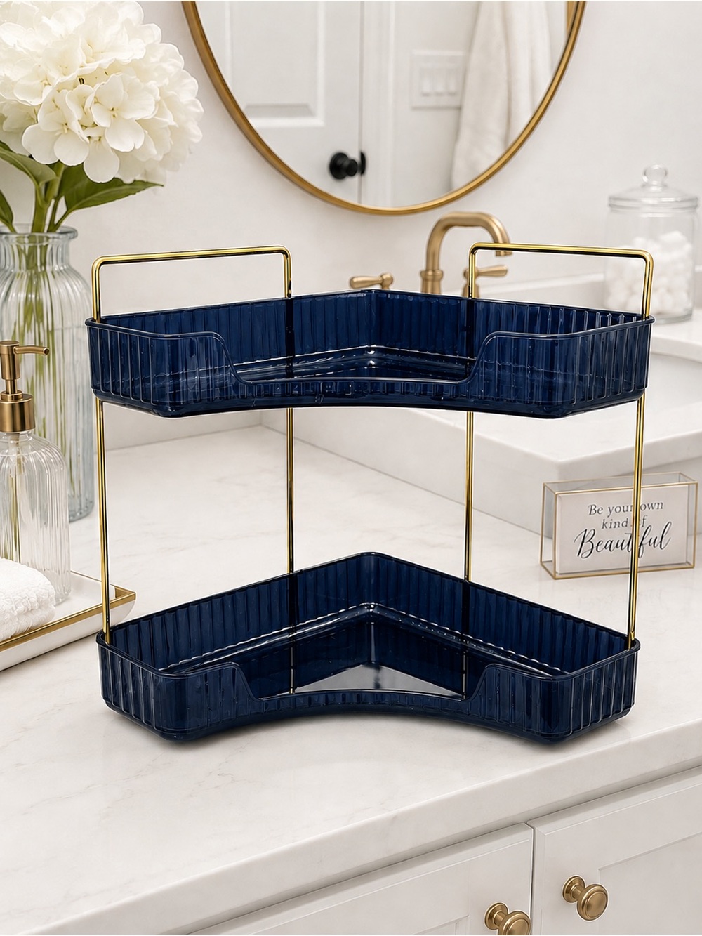 Dark blue and gold 2 layer corner shelf. Plastic shelves.